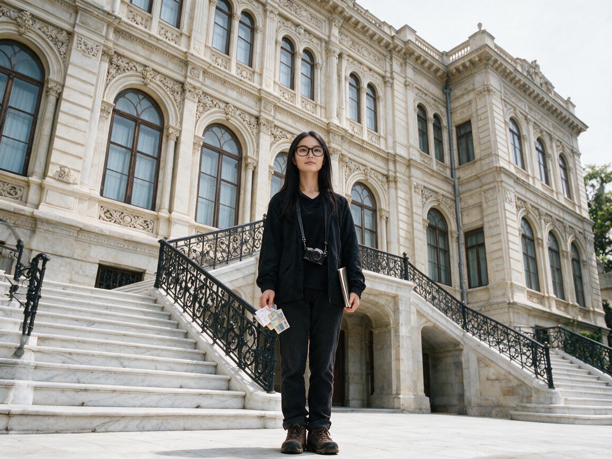 Me on the steps of the Taghiyev palace in Baku, notebook under one arm, ticket in hand.