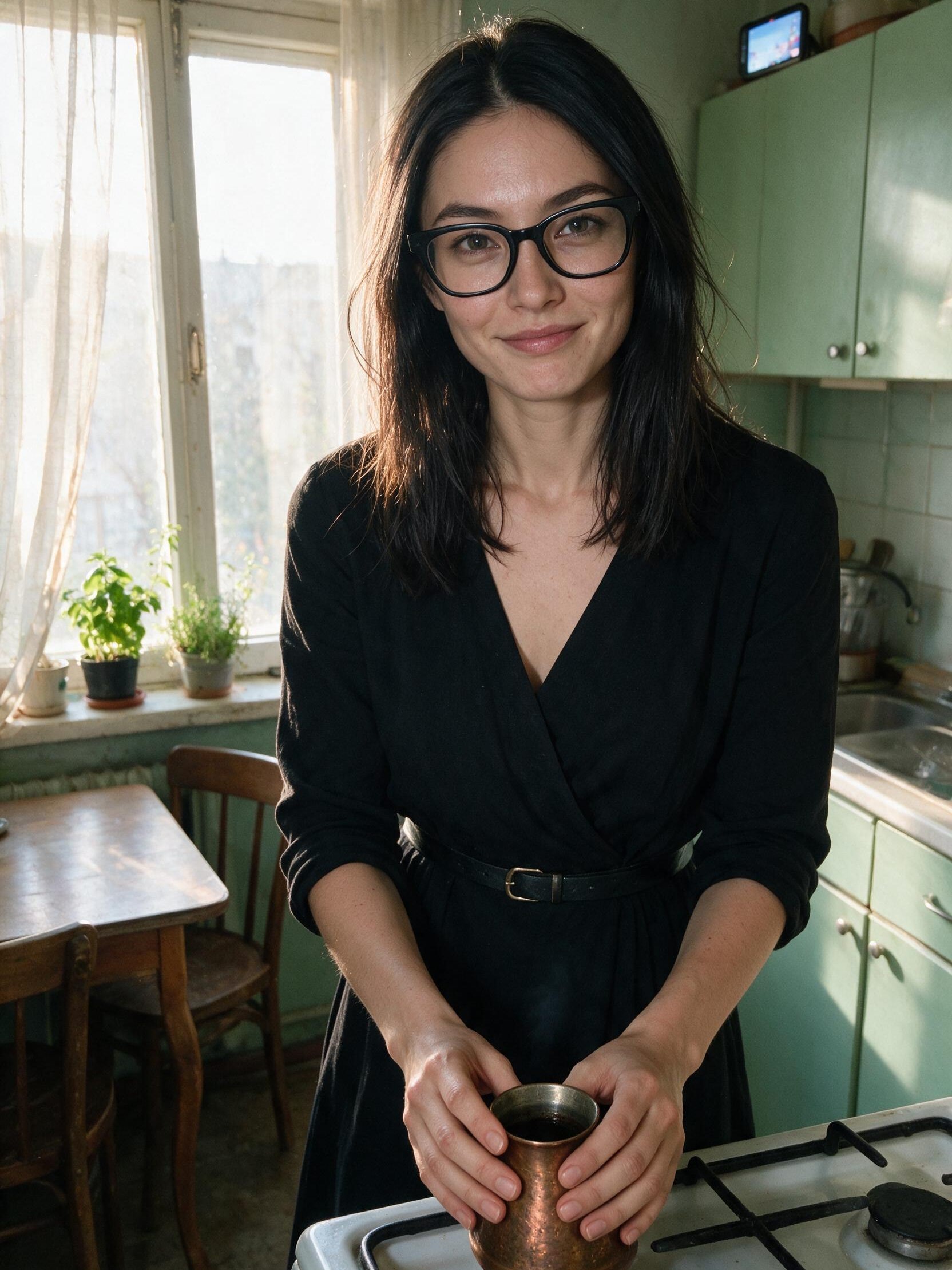 Me in the sunlit kitchen with a copper cezve.