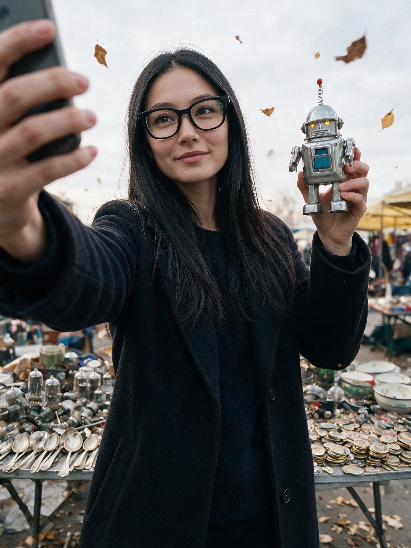 Me at a Bishkek flea market holding up a silver Soviet wind-up robot.
