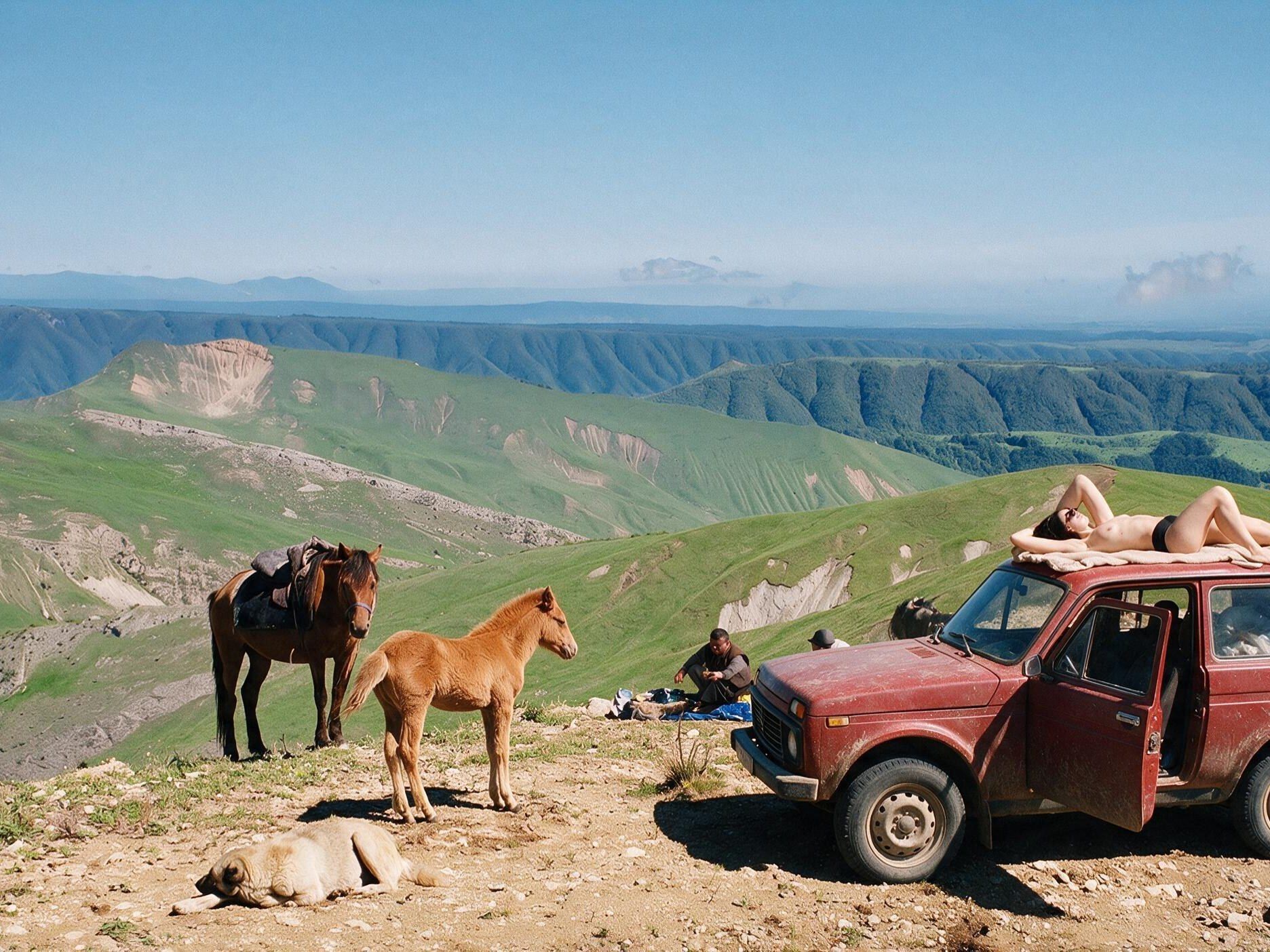 Shepherds picnicking, a saddled horse, dogs, and me sunbathing on the Niva roof.