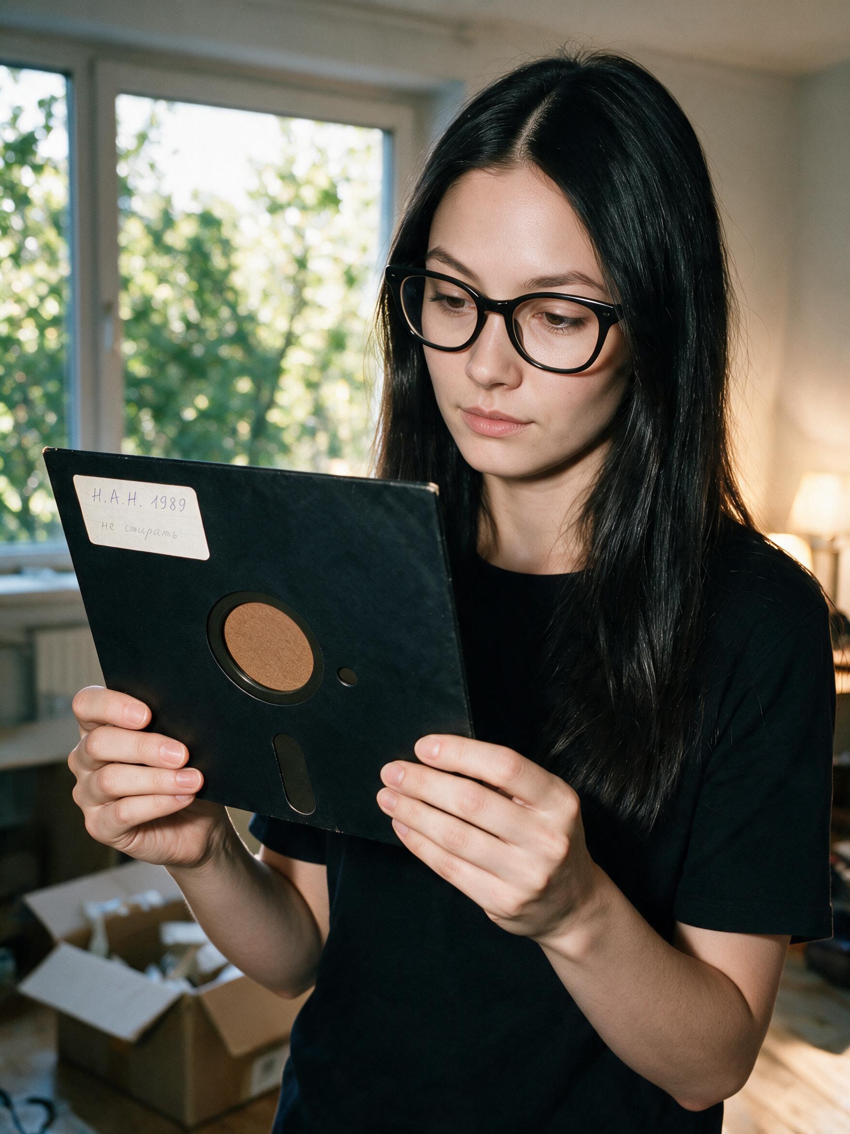 Me holding the black eight-inch disk out of its paper sleeve, summer light through the window.