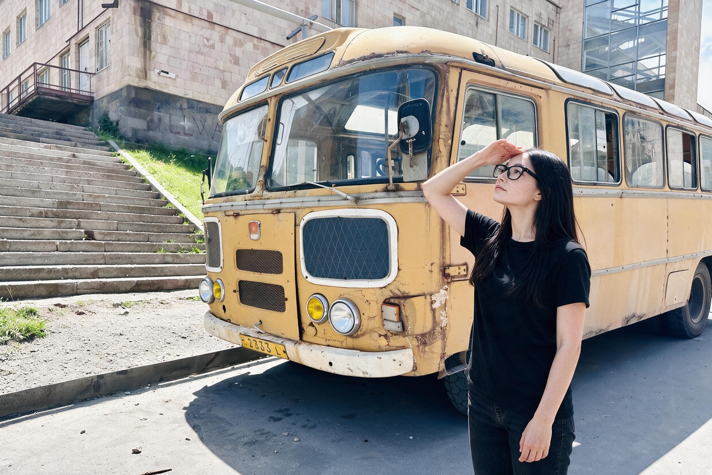 Me beside a rusty yellow PAZ bus on a sunny street in Alaverdi.