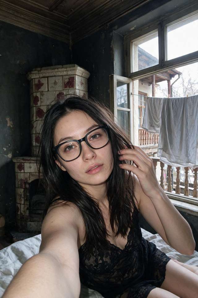 Me in a nightgown by the tiled stove, pushing mussed hair aside.
