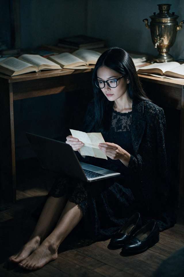 Me at the desk with the drafted letter on the screen and the samovar corner behind.