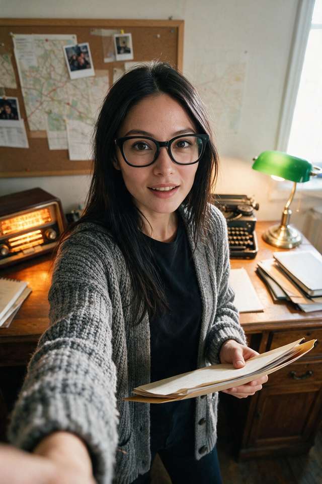 Me holding an open file at the oak desk. Shortwave radio glowing.
