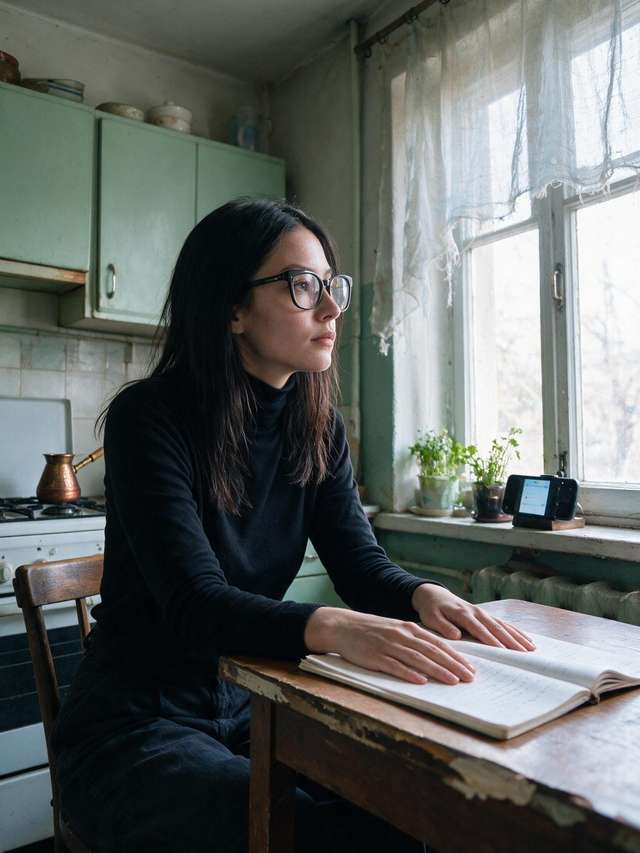 Elara S. Novikova at her kitchen table resting both hands on an open notebook