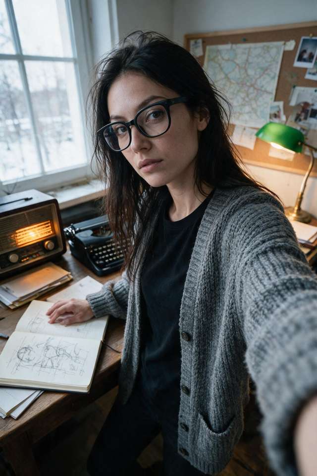 Me at the desk with a notebook of diagrams.