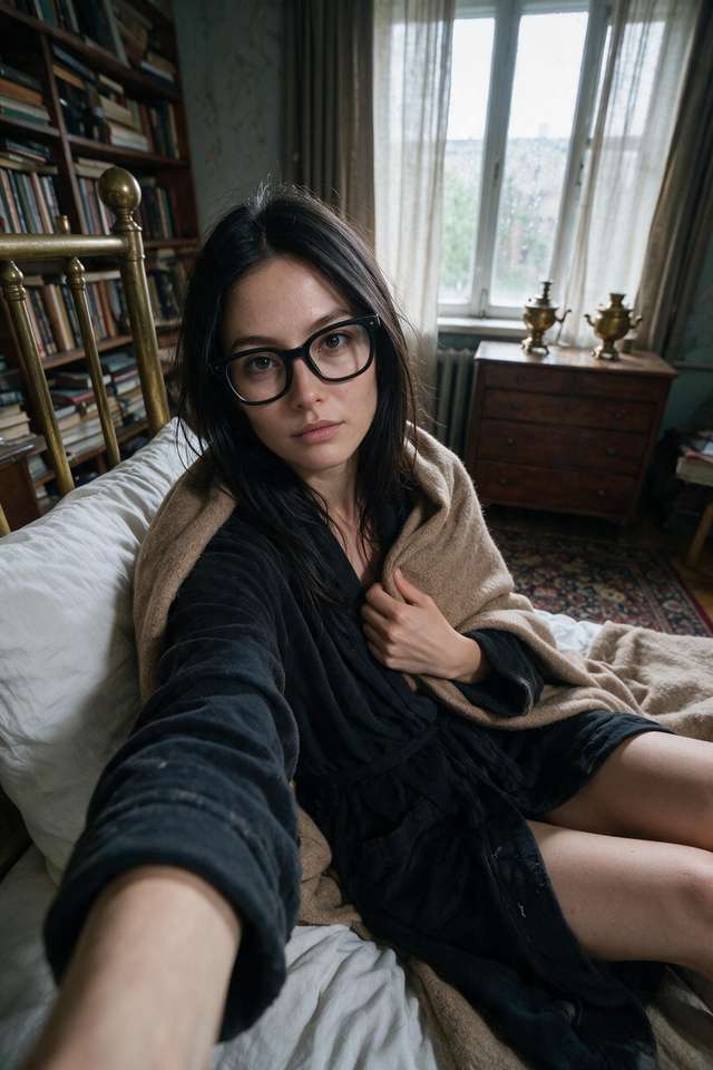 Me in a black sleep shirt under a blanket. Bedroom selfie.