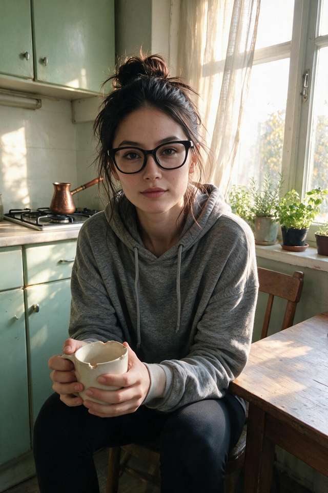 Me in a grey hoodie at the kitchen table with a mug.