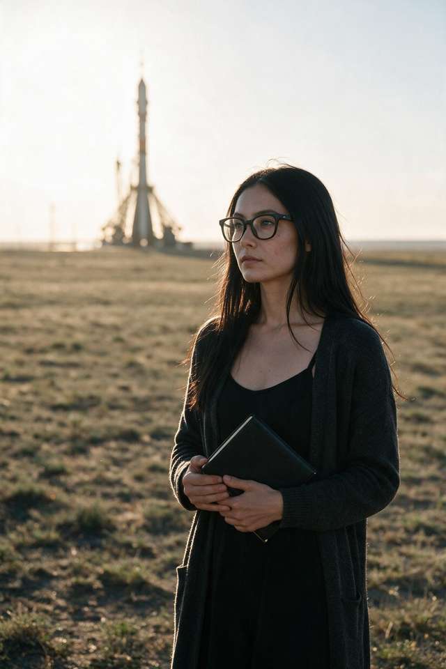 Me on the Kazakh steppe with a notebook, launch gantry in the distance.