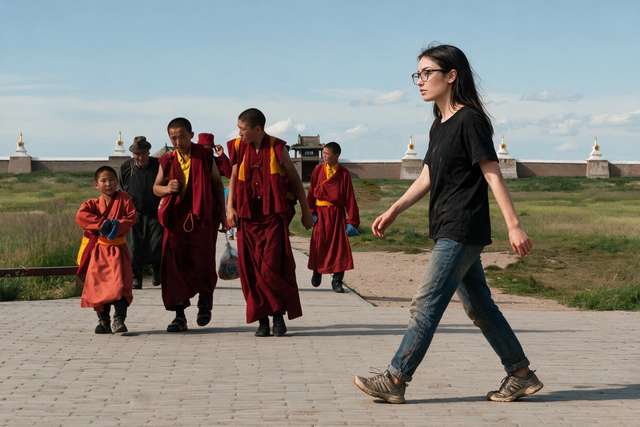 Young monks in red robes at Erdene Zuu. Me walking behind at a distance.