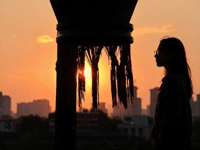 My silhouette at a temple balustrade under wind chimes, orange smog sunset and skyline beyond.