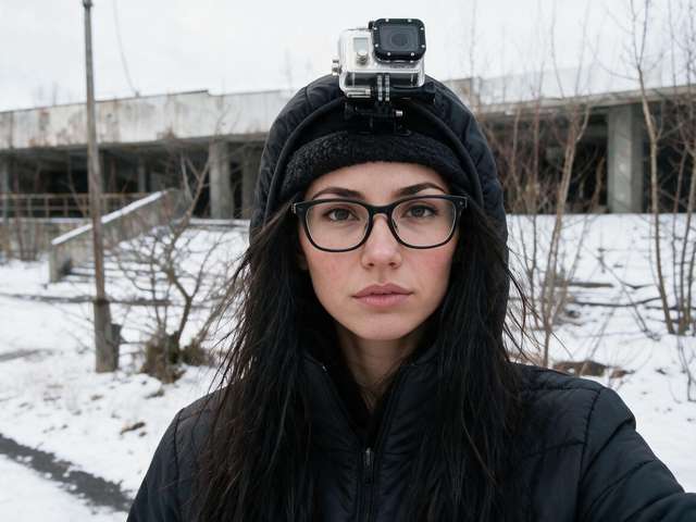 Me in a hooded parka with an action camera on my head, ruined buildings behind me; phone still from the week colour came back into the feed.