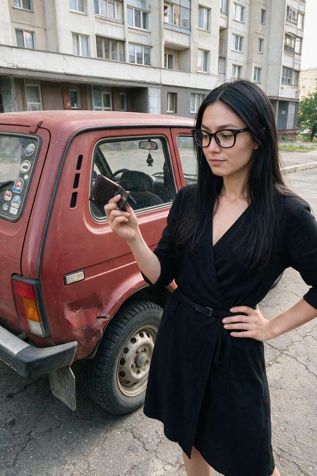 Me beside the red Niva holding an open, empty wallet.