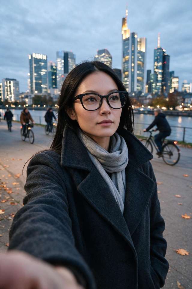 Me on the Frankfurt riverbank at dusk, hand in coat pocket.