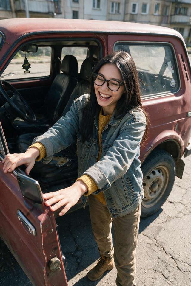 Me, laughing beside the old red Niva, hands on the open door.