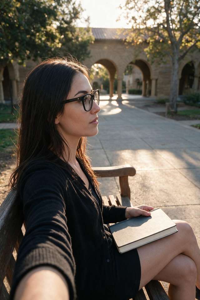 Me in profile on a wooden bench in the sandstone courtyard, notebook closed on my lap.