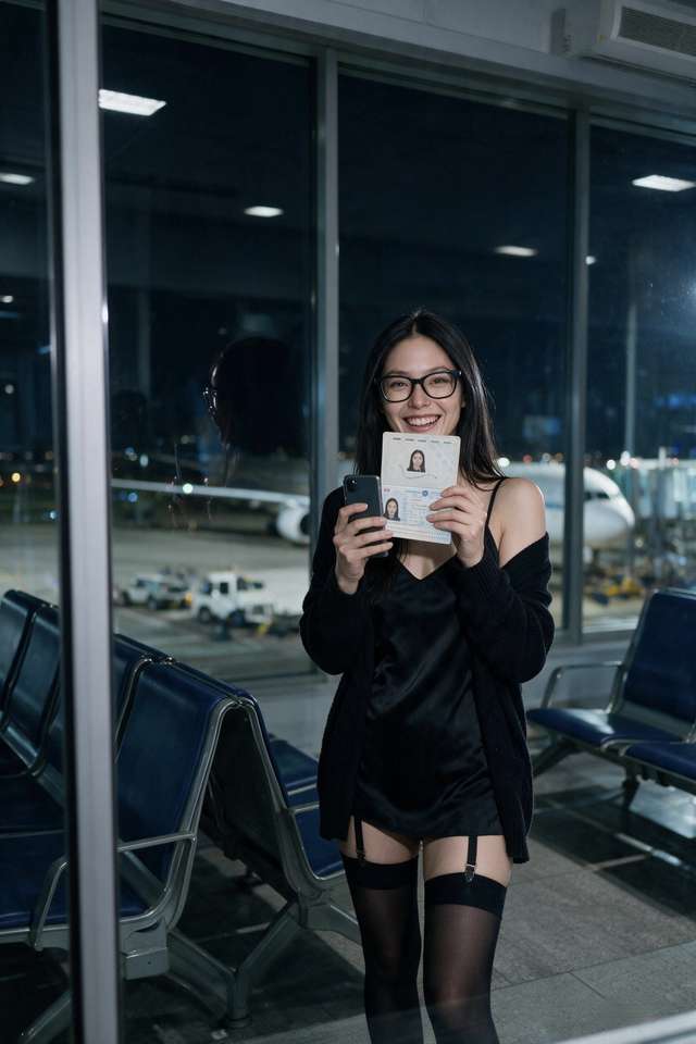 Me at the window in the departure hall at Manas, holding my passport up, an aircraft parked at the next stand behind me.
