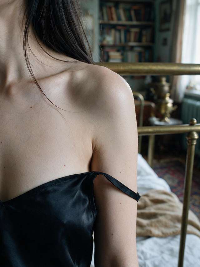 A slipped strap, a bare shoulder, the brass bed blurring softly behind me.