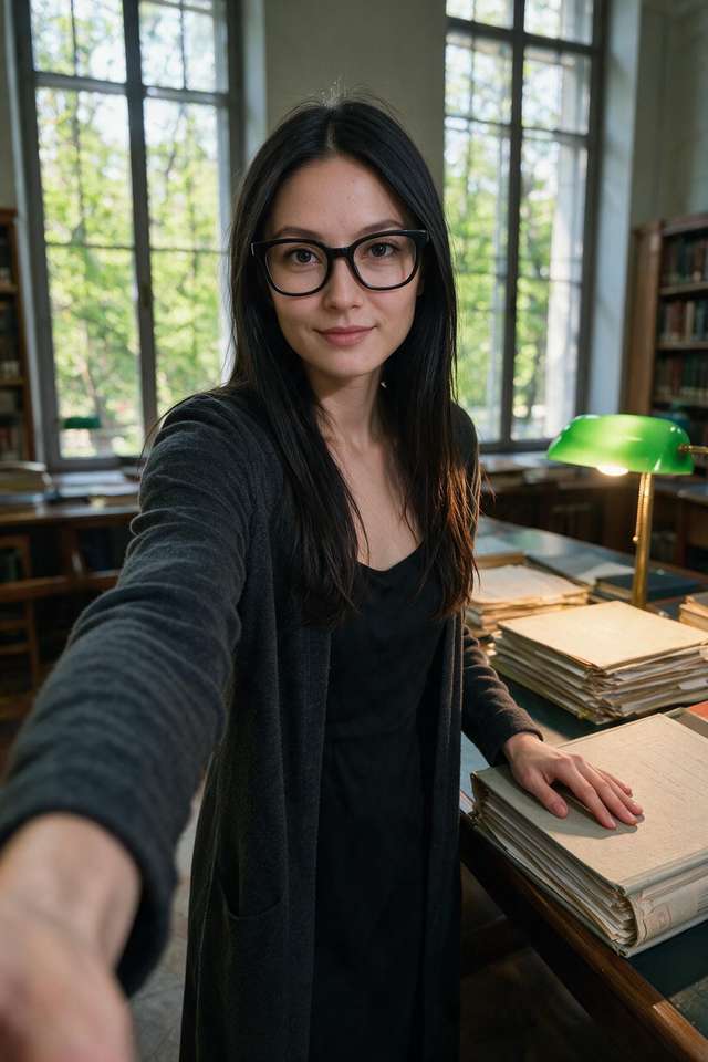 Me at a library desk, hand on an archive folder under the green lamp.