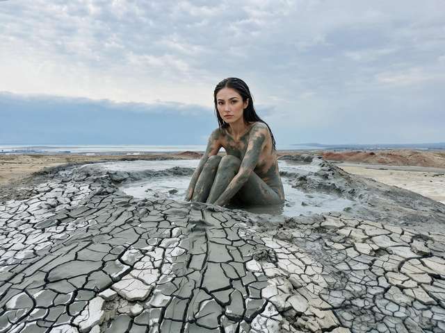 Me coated head to toe in grey clay in a shallow mud volcano crater.