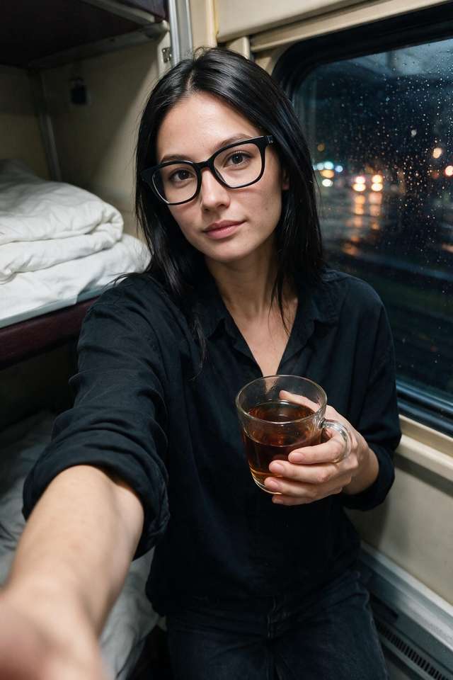 Me with a tea glass in the sleeper on the night train to Kyiv.