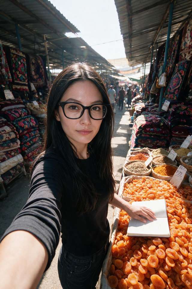 Me at Osh bazaar, notebook against the dried apricots.
