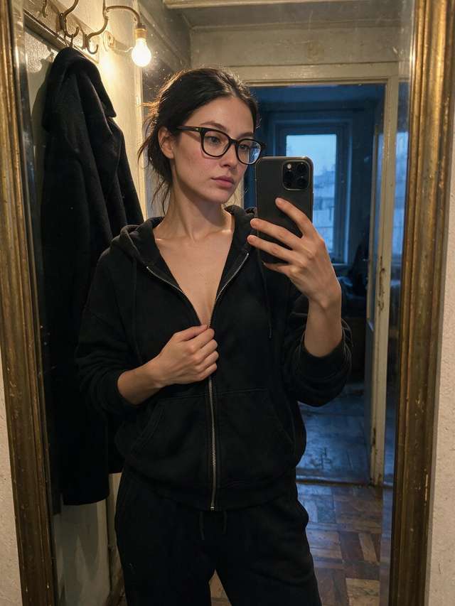 Me in an oversized hoodie, hallway selfie, hand on the zipper.
