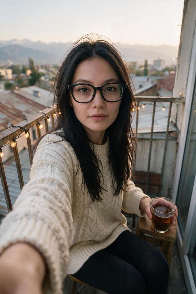 Me on the Bishkek balcony steadying a tea glass, mountains in hazy dusk.