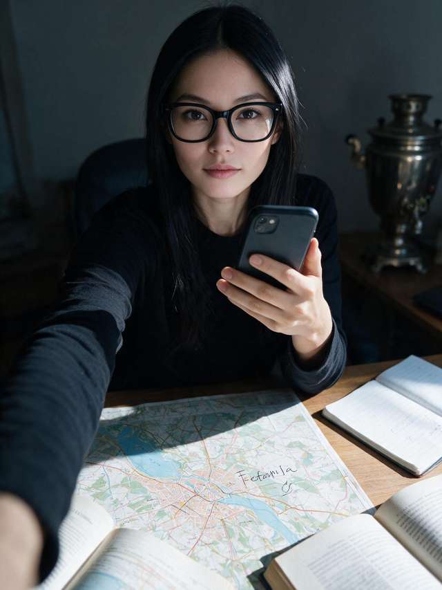 Me at the desk with a phone, a Feofanija map among books, samovar behind.