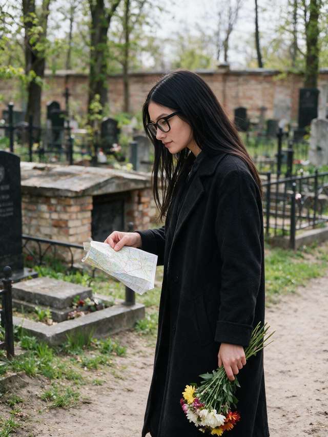 Me on a cemetery path in Kyiv with a folded map and flowers I did not leave.