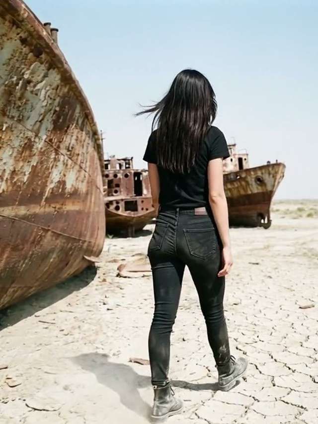 Me near a rusted shipwreck on cracked desert seabed.