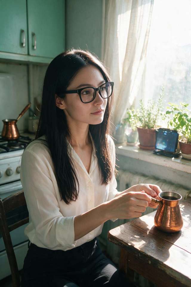 Me at the kitchen table holding a copper cezve.