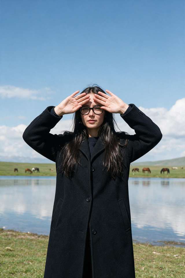 Me shielding my eyes by the alpine lake with horses.
