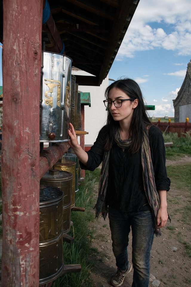 Me turning a brass prayer wheel at the monastery, eyes half lowered.