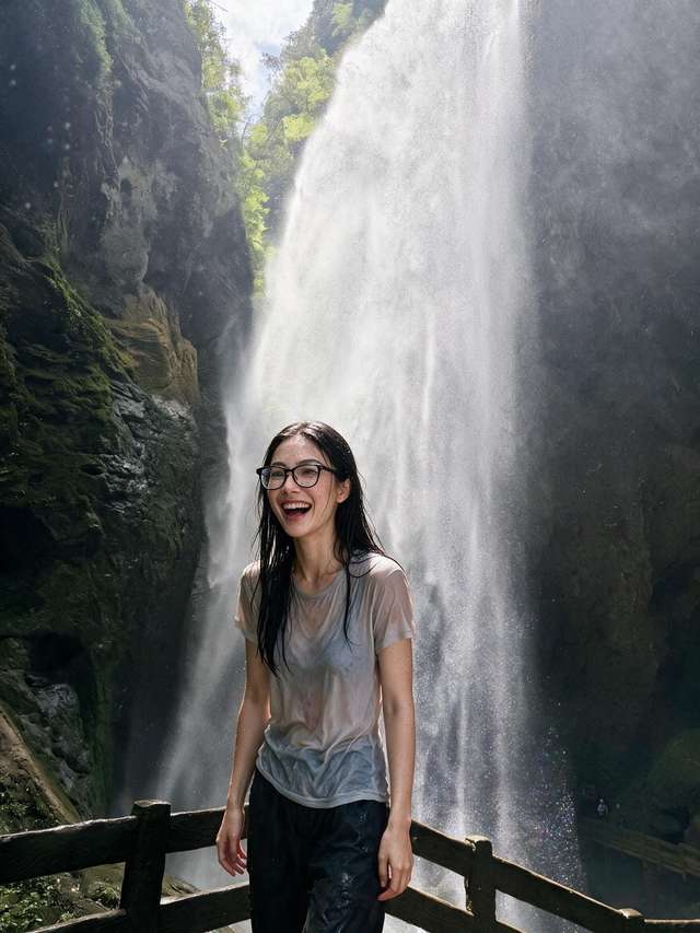 Me laughing on a wooden boardwalk in waterfall spray, shirt misted through.