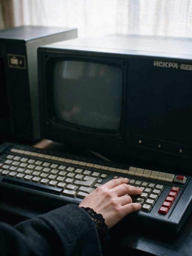 The machine against a wall in Almaty, keyboard out in front of it, the disks stacked beside it the way I found them.
