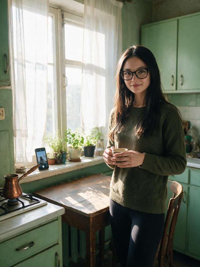 Me smiling with a coffee cup in the green kitchen, phone recording from the windowsill.