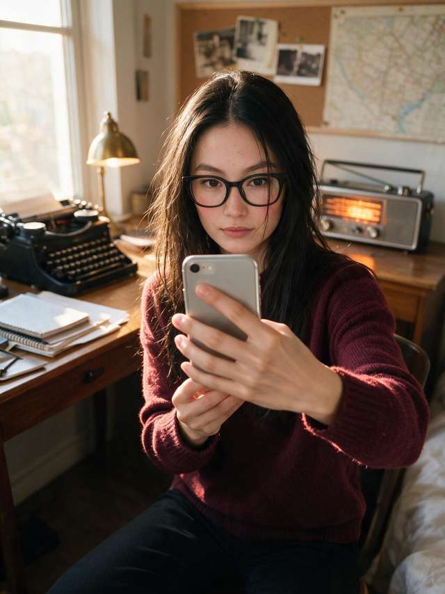 Me at the oak desk, hands over the typewriter by the glowing radio.