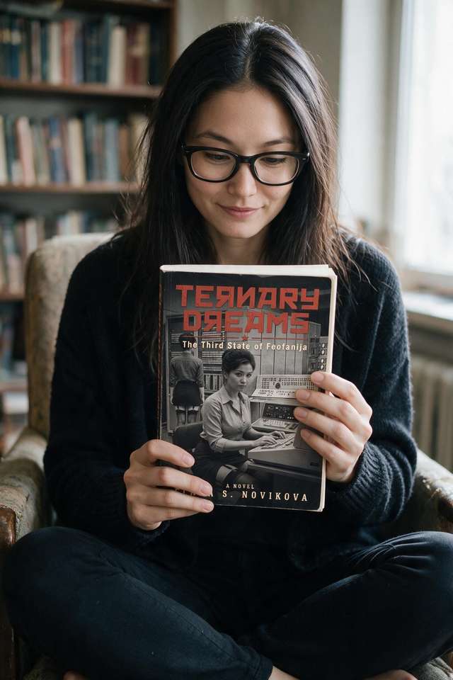Me holding my printed copy of Ternary Dreams on launch day.