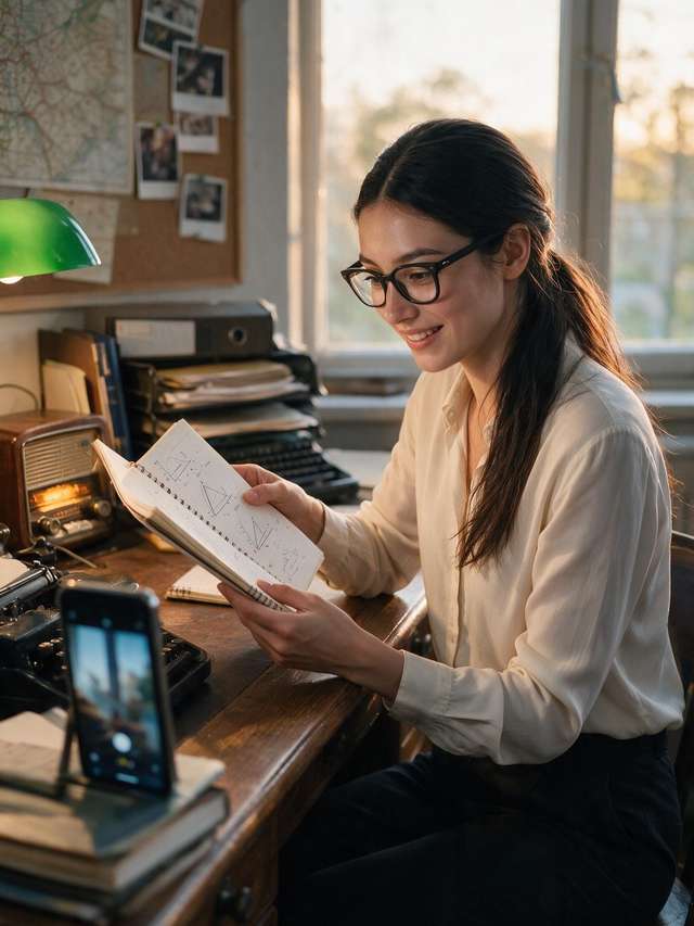 Me opening a notebook of diagrams under the green banker's lamp.