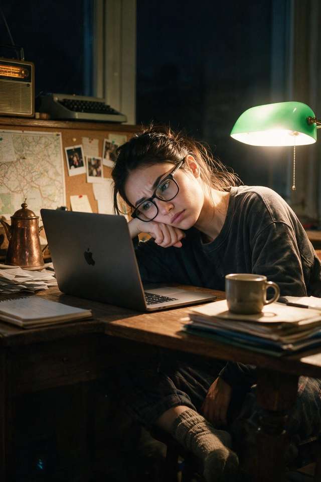 At the desk on a November evening, lamp on, laptop turned away, cold coffee in the cezve.