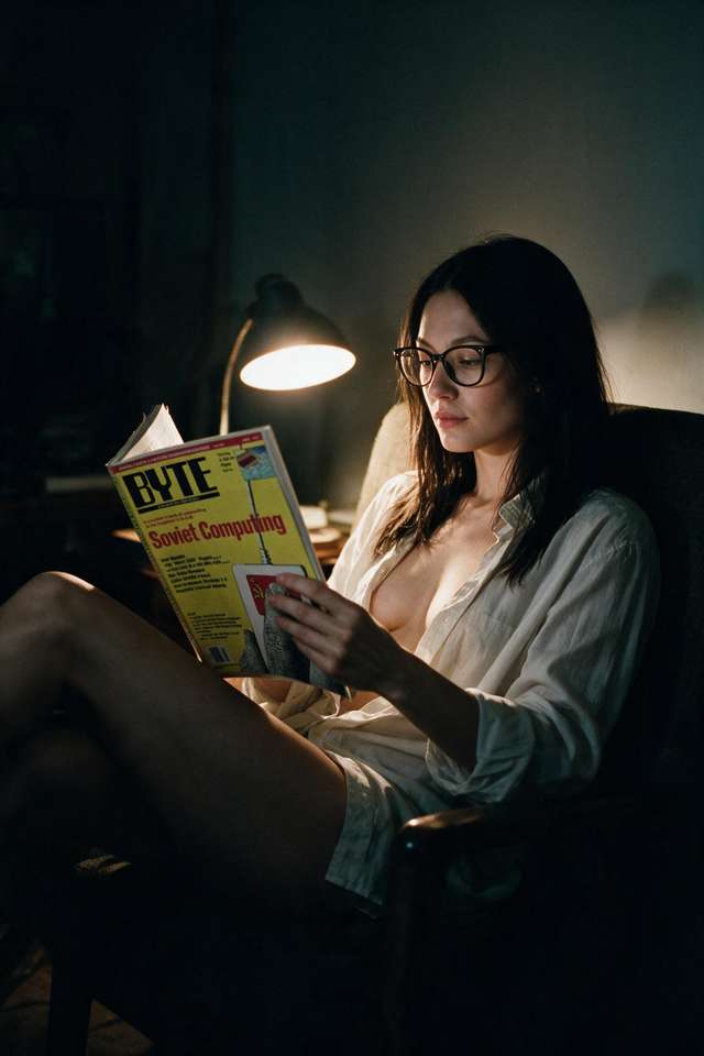 Me in the armchair late at night with the April 1991 issue of BYTE open in one hand, the yellow cover bright against the dark room.