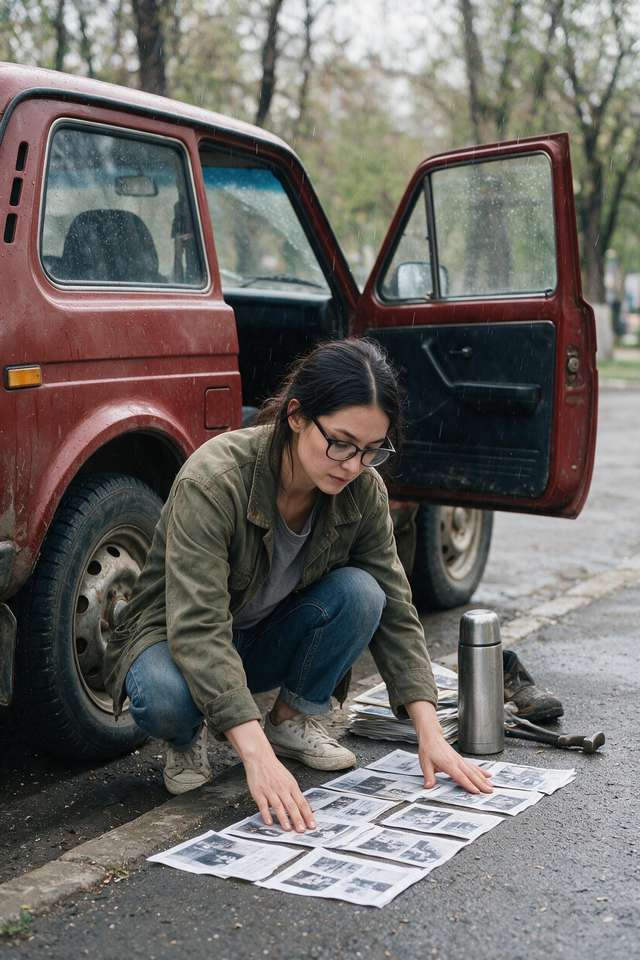 Me crouching by the red Niva sorting wet archive pages on the curb.