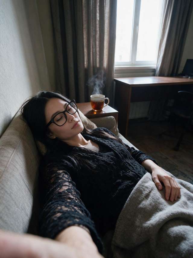 Me, asleep in my glasses on the couch. The tea kept steaming without me.