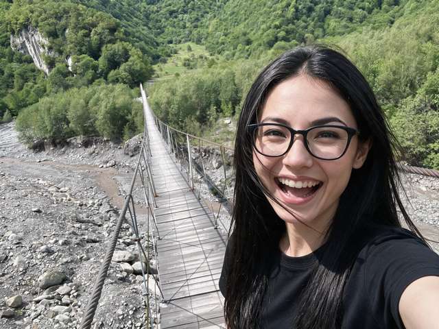 Me laughing on a wooden suspension bridge over a stony river.