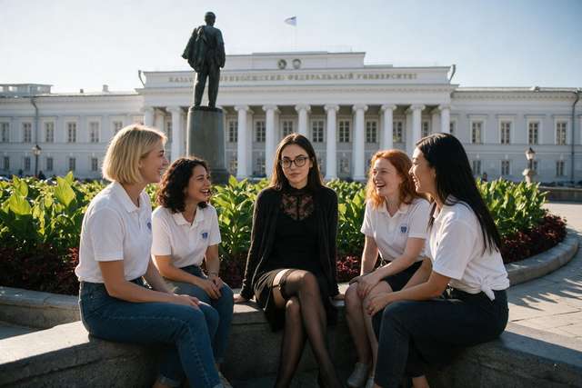 Me in black on the granite edge of the flowerbed in front of the Kazan university main building at evening, four students in white university polos beside me.