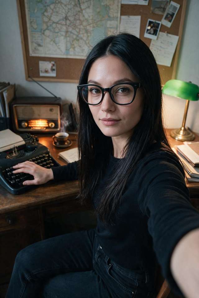 Me at the desk with the cezve and the shortwave radio.