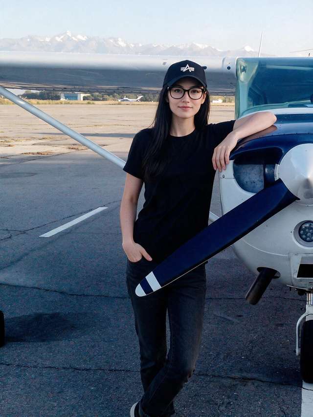 Me leaning on the cowling of a small white plane, snowcapped mountains behind.