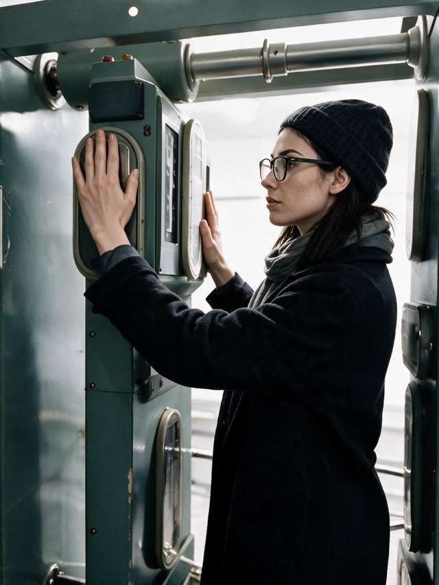 Me in the steel frame of an old radiation monitor at the Chernobyl checkpoint, palms on the sensors.